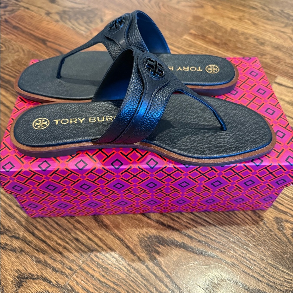 Tory Burch Black Thong Sandals with Gold Accents
